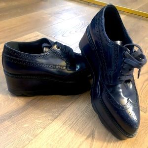 Prada! Rich Navy Blue Scalloped Platform Oxford